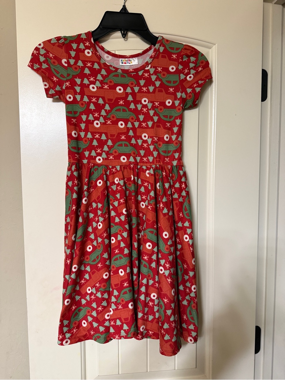 Dot Dot Smile Red Dress with Green Car Print
